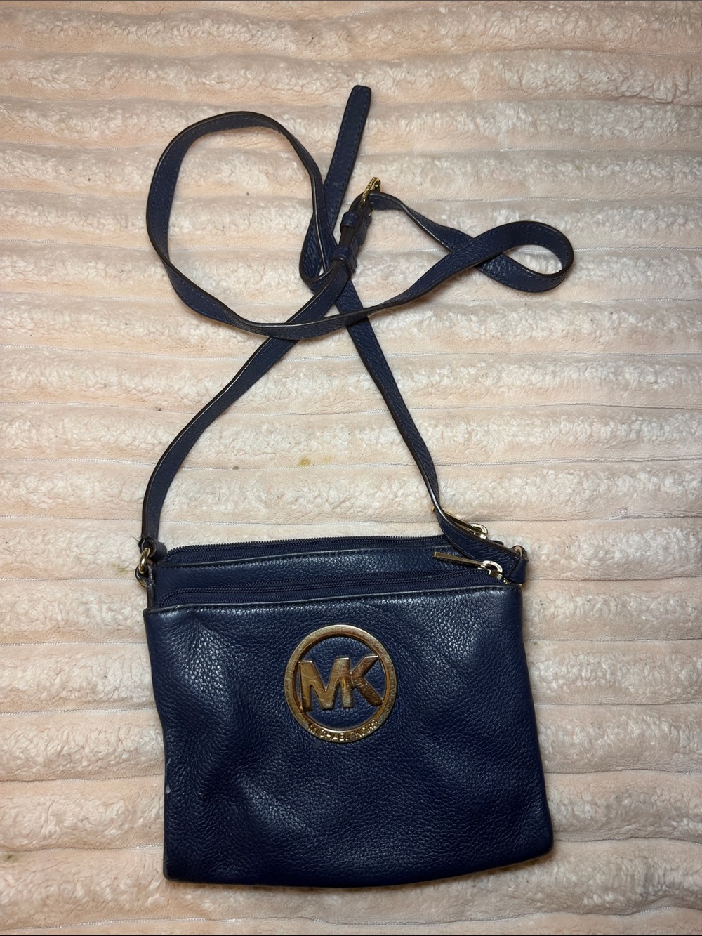 Michael Kors Navy Pebbled Leather Crossbody with Gold MK Emblem
